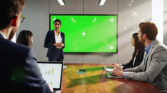 Green Screen tv mockup ready for presentation placed in front of desk while business people working broadroom employees using digital chroma key interactive whiteboard with mock up display monitor