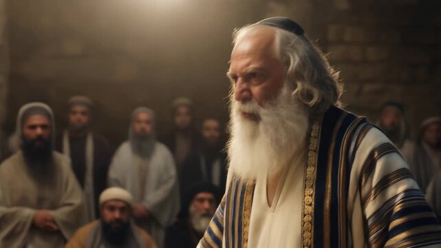 Angry elderly biblical prophet pointing and shouting in an ancient stone temple. Senior man with white beard preaching to a crowd of disciples. Historical religious drama