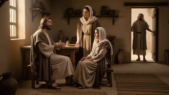 Jesus Christ teaching Mary and Martha in a rustic home. Biblical scene of the Messiah visiting the sisters in Bethany. Christian religious concept