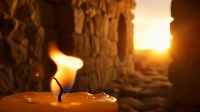 Lit candle flickering in the foreground of an ancient stone structure. Bright golden sunlight streaming through a circular tomb opening. Resurrection, faith, and hope concept. Cinematic close-up
