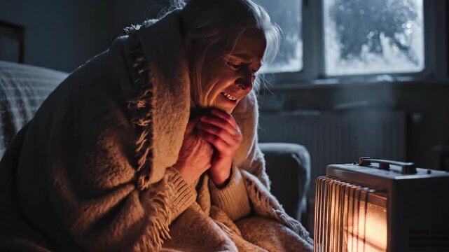 Elderly woman shivering in a freezing room during winter. Senior person wrapped in a blanket warming hands by an electric heater. Energy crisis and rising heating costs concept