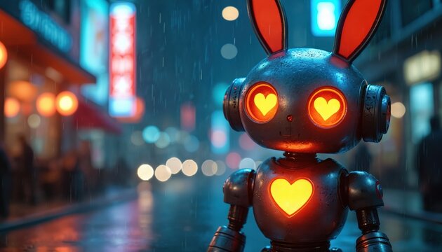 Metallic robot with rabbit ears stands on wet city street at night. Glowing heart eyes and chest light up. Neon signs and blurred bokeh lights surround cute character in rain. Futuristic android.