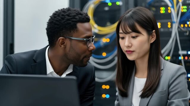 Diverse IT professionals solving a server issue in a server room, a Black man and an Asian woman collaborating and analyzing technical data on a laptop, information technology and network security 