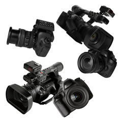 Photo and video cameras flying in air on white background