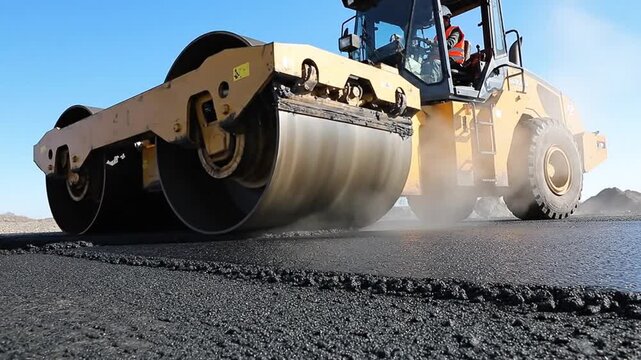 Road construction process - A heavy roller compacting fresh asphalt on a new road surface.