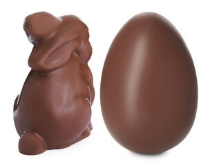Obraz premium Chocolate bunny and egg isolated on white. Easter celebration
