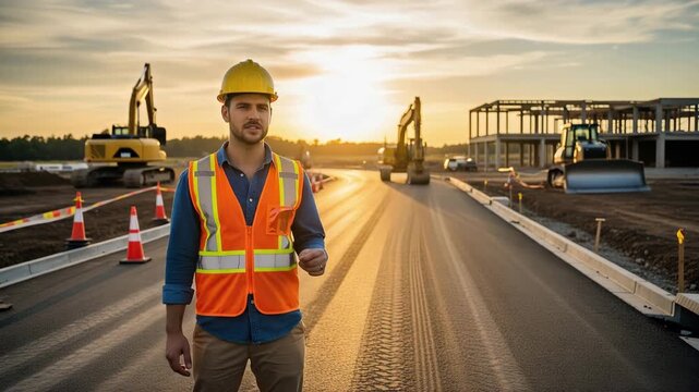 Construction worker in a hard hat and safety vest giving an interview at a building site, engineer explaining a project on a new road at sunset, infrastructure development and management concept