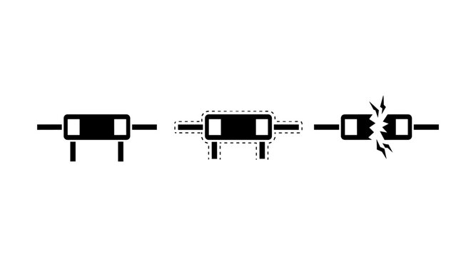 Electrical fuse icons showing intact, dashed, and broken states