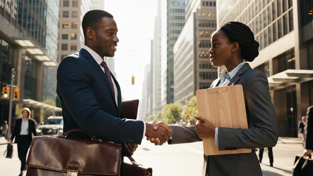 Professional business handshake between smiling man and woman standing on busy city street with tall buildings in background.