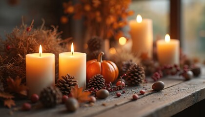 Fototapeta premium Warm autumn decoration with lit candles pinecones small pumpkin and dried leaves on wooden table. Cozy seasonal home scene creating peaceful ambiance for fall holidays and Thanksgiving celebrations.