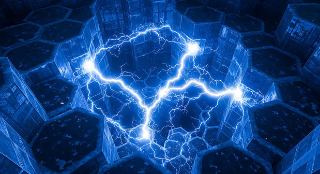 futuristic blue hexagonal grid energizes with bright lightning arcs symbolizing advanced technology digital data processing and innovation.