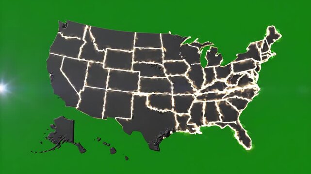 Green Screen map of united states america showing different animated usa contiguous lower 48 u s state on an isolated chroma key background scene 2 with distortion, overlay, glitch, static noise, scan