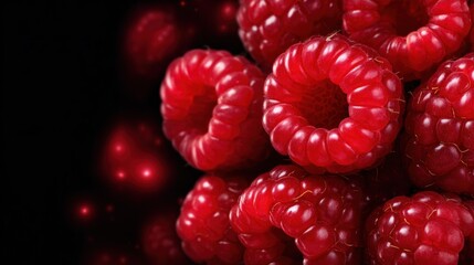 A close up of red raspberries with a black background