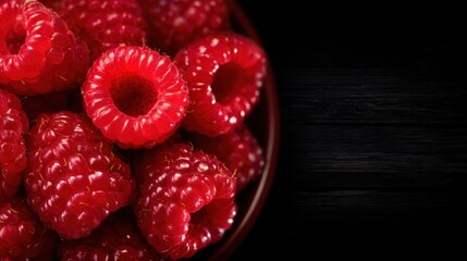 A bowl of red raspberries on a wooden table