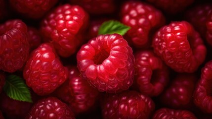 A close up of red raspberries with green leaves