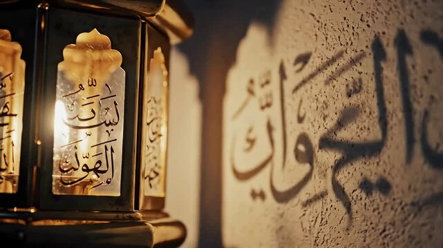 A beautiful golden Islamic lantern casts intricate Arabic calligraphy shadows on a textured wall. Perfect for Ramadan, Eid, and other spiritual or cultural projects, evoking peace and tradition.