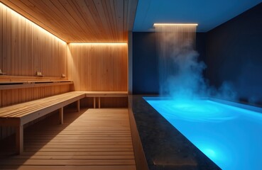 Naklejka premium Wooden sauna room with illuminated benches next to illuminated blue plunge pool with waterfall mist. Modern luxury spa offers relaxation and wellness.