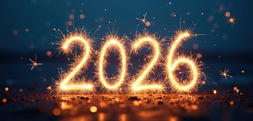 Fototapeta premium Year 2026 numbers glow bright with sparklers. Bright sparks fly against dark blue sky. New Year celebration begins now. Festive mood with glowing fire.