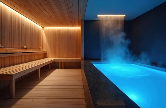 Wooden sauna room with illuminated benches next to illuminated blue plunge pool with waterfall mist. Modern luxury spa offers relaxation and wellness.