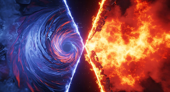 elemental clash of swirling blue water vortex and fierce red fire in abstract dark illustrating dynamic power intense contrast and duality.