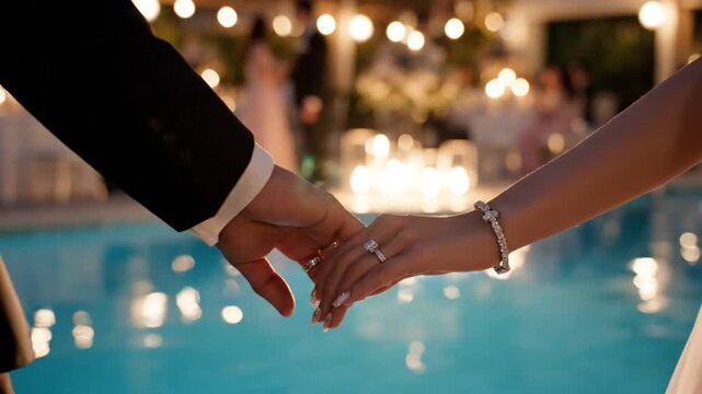 Romantic Wedding Ceremony - Holding Hands Near Poolside at Night.