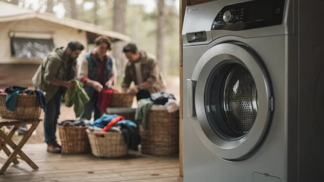 Medium shot focusing on a digital cardoperated laundry machine with campers sorting clothes in soft focus behind.