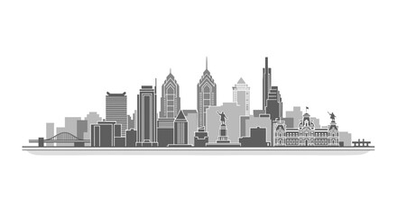 Obraz premium Philadelphia Skyline Grey Vector Illustration. Monochrome Philly Cityscape with Bridge. Urban Pennsylvania Architecture Panorama. Downtown Background.