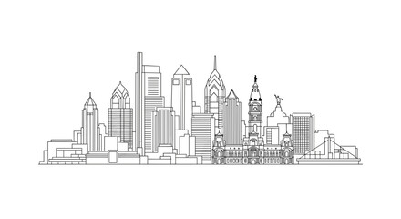 Obraz premium Philadelphia Skyline Line Art Vector. Linear Drawing of Philly Cityscape. Minimalist Urban Architecture Outline. Pennsylvania Downtown Landmarks Design.