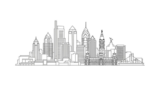 Philadelphia Skyline Line Art Vector. Linear Drawing of Philly Cityscape. Minimalist Urban Architecture Outline. Pennsylvania Downtown Landmarks Design.