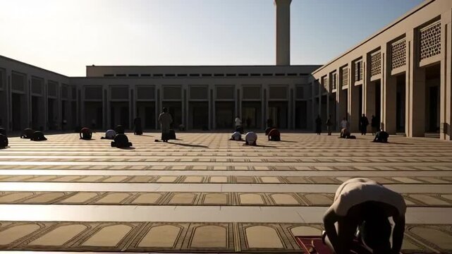Man praying in a mosque courtyard with people in the background on Eid Mubarak.