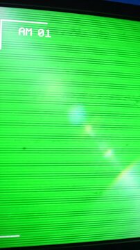 Green Screen cctv cam 1 main monitor display with scan lines on scene 2 distortion, overlay, glitch, static noise, black background, 4k animated video loop