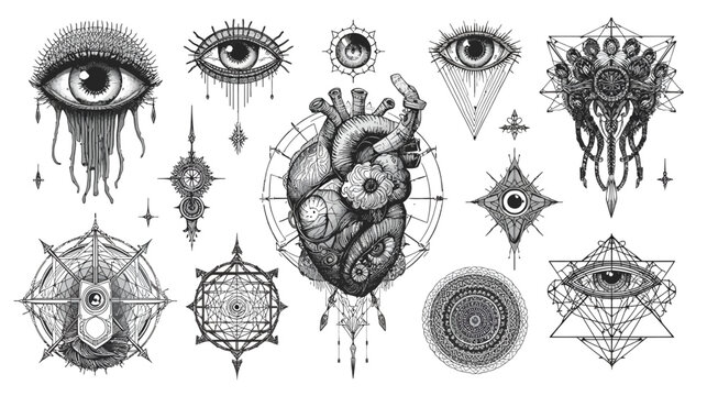 Various mystical and spiritual symbols with eyes and a heart