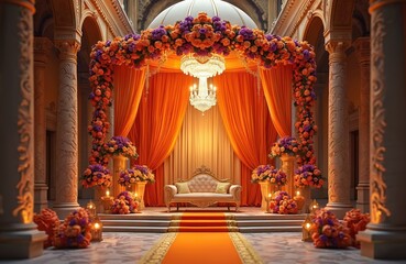 Obraz premium Ornate wedding mandap draped in orange fabric features floral arrangements and a chandelier. Intricate columns frame a plush seat, creating an elegant and festive atmosphere for a ceremony.