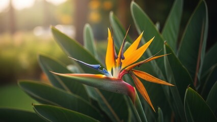 Bird of Paradise flower bursts with vibrant orange, yellow, blue, and red hues in a garden