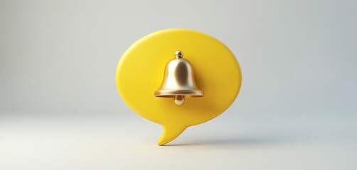 Naklejka premium Golden bell icon on yellow speech bubble. This graphic represents notification alerts for social media, messages, app updates. It conveys communication, new information. Use for online services.