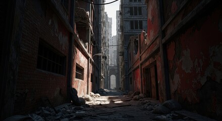 Fototapeta premium Dark and narrow alleyway between severely damaged, crumbling buildings filled with rubble, bathed in a harsh sunlight.