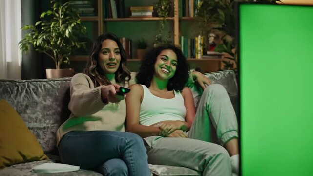 Green Screen women watching television with chroma girlfriends switching channels on tv remote controller sitting sofa together in living room spare time at home relaxing scene 2 distortion, overlay