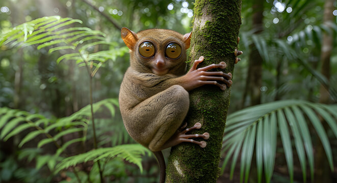 Philippine tarsier gripping tree trunk with large eyes in dense forest habitat.