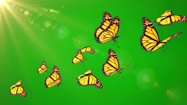 Green Screen 5 yellow monarch butterflies swarms animation overlay graphic element scene 2 with distortion, overlay, glitch, static noise, scan lines on black background, 4k animated video loop