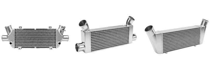 Fototapeta premium Automotive radiator isolated on white background, aluminum engine cooling radiator assembly with core, cooling fins and inlet outlet tanks for petrol and diesel internal combustion vehicle cooling sys