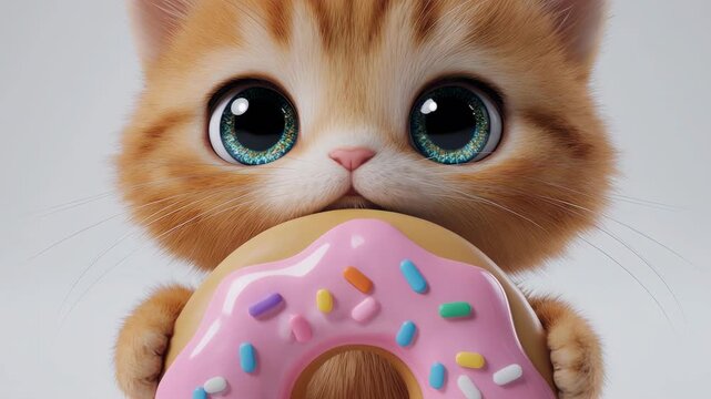 Cute 3D Chibi Fluffy Kitten Holding Giant Donut on White Background