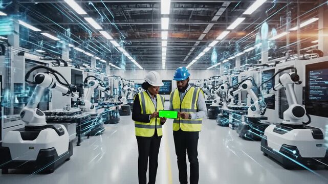 Green Screen industry 4 0 factory chief engineer and project supervisor in safety vests hard hats talk use digital tablet computer with chroma key workshop machinery zoom out scene 2 distortion