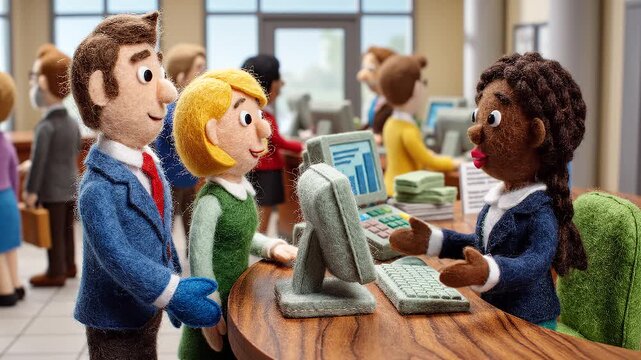 Couple inside a busy bank talking to a bank teller