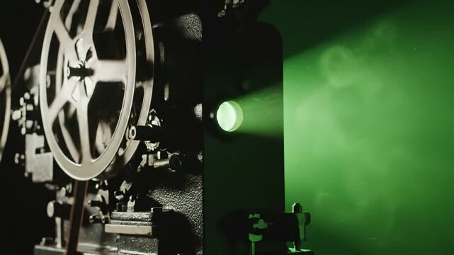Green Screen old cinema projector displays in a dark room you can see parts of the film and his wheels that turn scene 2 with distortion, overlay, glitch, static noise, scan lines on black background