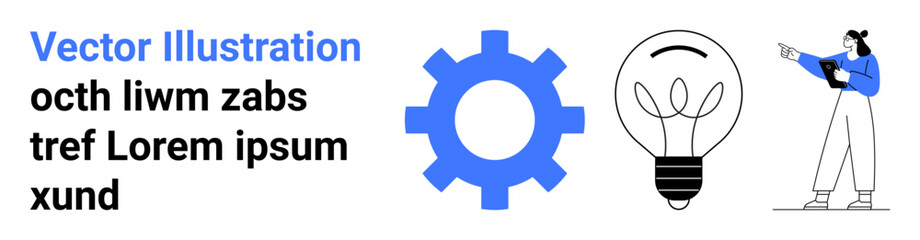 Gear and lightbulb symbolizing creativity and innovation, paired with a woman holding a clipboard, suggesting teamwork, organization, and analysis. Ideal for technology, innovation, planning © robu_s