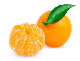 Fresh tangerine or clementine with peeled mandarin isolated. Fresh mandarin with leaf and peeled slices of clementine or tangerine with clipping path.