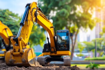 Yellow Excavator Machinery in Operation with Garden Background and Copy Space