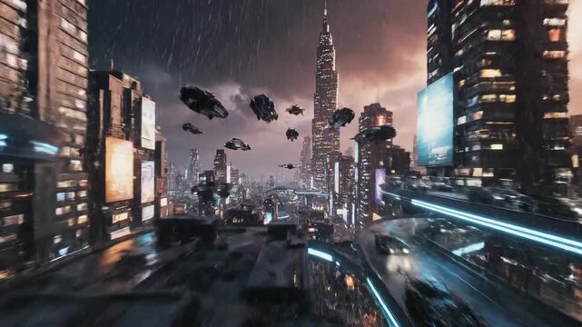 A large flying vehicle with bright blue lights soars over a futuristic cyberpunk city street filled with digital billboards and falling precipitation at night.