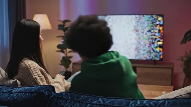 Green Screen women watching television with chroma girlfriends switching channels on tv remote controller sitting sofa together in living room spare time at home relaxing scene 2 distortion, overlay