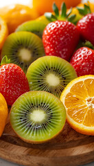 A vibrant arrangement of fresh fruits including strawberries, kiwis, and oranges, perfect for illustrating healthy eating and immune-boosting foods.